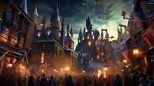 A Dark Town With Giant Houses, Castles Flying Bats, And Residents Going Downtown, A Halloween Illustrated Animated Spooky Short Video.