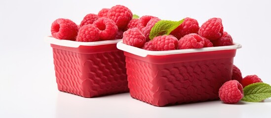 Sticker - Local farm containers filled with organic fresh raspberries With copyspace for text