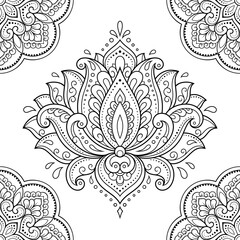 Wall Mural - Seamless decorative ornament in ethnic oriental style. Lotus flower and mandala for Henna, Mehndi, tattoo, decoration. Doodle outline hand draw vector illustration.