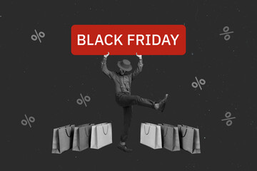 Sticker - Collage minimal picture of excited funky lady guy rising black friday announcement isolated grey color background