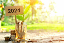 Year 2024 Invest And Grow Money Concept. Jar Of Coins With Growing Plant At Sunrise.