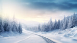 Fototapeta  - A peaceful, white blanketed forest-scaped highway in the chill of winter.