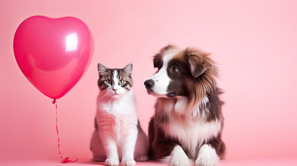 Wall Mural - Cat and dog with heart shaped ballon. Valentine's day celebration 