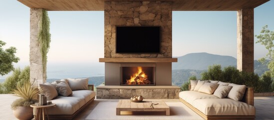 Sticker - Luxurious outdoor living space with stone fireplace TV rug and sofa With copyspace for text