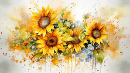 Wall Mural - Watercolor sunflowers art, ala prima, painting with spots and splashes, picturesque still life, summer and autumn sunny flowers, poster, background, wallpaper, generative AI