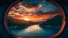 A Sunset Seen Through A Porthole Window Of A Ship. Window View From Ship Window .