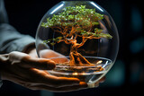 Fototapeta  - To ujęcie przedstawia delikatne drzewko bonsai, umieszczone w uroczej szklanej kuli. To symbol harmonii i równowagi w miniaturze, idealny akcent dekoracyjny lub inspiracja do dbania o równowagę.
