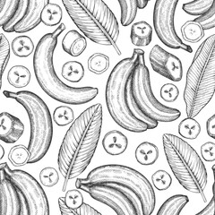 Canvas Print - Hand drawn sketch style banana seamless pattern. Organic fresh fruit vector illustration. Retro exotic fruit background