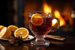 Glass of mulled wine against the background of a fireplace. Traditional winter drink
