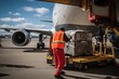 Loading of baggage on board a plane. Workers in uniform near the plane. AI generated
