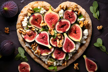 Pizza Or Toast With Goat Cheese, Figs And Nuts In Shape Of Heart On Dark Wooden Background, Top View, Flat Lay,  Meal For Romantic Date, Saint Valentines Day