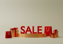 3D Rendering Shopping Banner With Red Shopping Bags And Golden Gift Boxes And Red Sale Text On Golden Podium. Minimal Illustration With Copy Space.