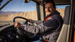 Behind the Wheel, Joy in Motion  Happy Professional Truck Driver Navigating Roads with a Smile