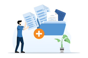 Wall Mural - Archives of users and data. Database, looking for info. People add files to large folders. Information storage and indexing. Businessman holding magnifying glass. flat vector illustration.