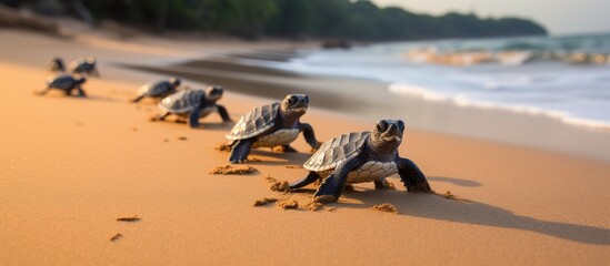 Wall Mural - Newborn hawksbill sea turtle group heading towards the sea at Bahia beach Brazil With copyspace for text