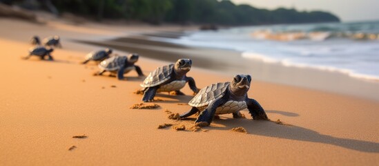 Newborn hawksbill sea turtle group heading towards the sea at Bahia beach Brazil With copyspace for text