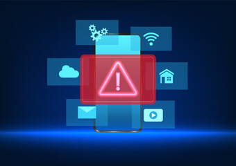 Poster - Smartphone technology The screen has an icon with an alert symbol showing the security system of the phone being hacked.