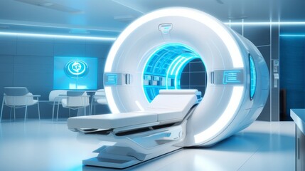 High-tech MRI or CT medical diagnostic machine in a futuristic hospital. Generative AI
