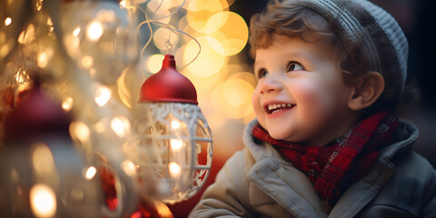 Wall Mural - little girl at christmas looking at the lights, in outdoor park