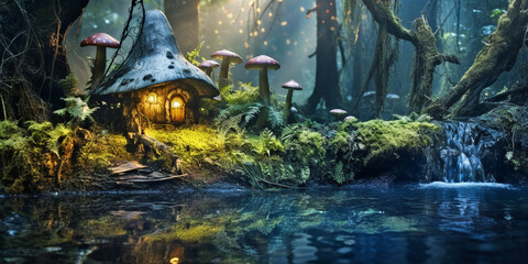 Wall Mural - a small fairy tale house in dark fantasy forest, miniature woodland cottage made by gnomes and troll