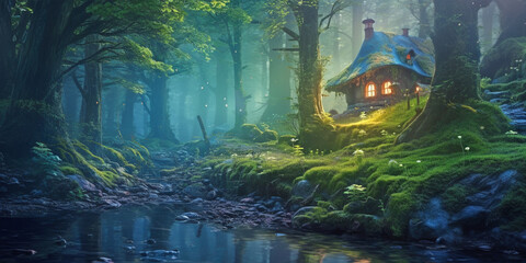 Wall Mural - a small fairy tale house in dark fantasy forest, miniature woodland cottage made by gnomes and troll
