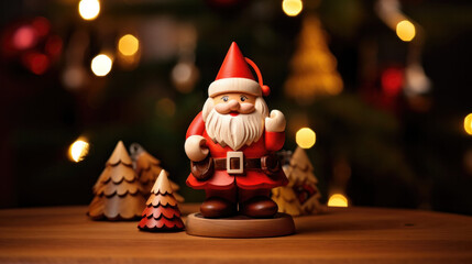 Wall Mural - Wooden Christmas Santa Claus figurine against the backdrop of a Christmas tree with lights and ornaments.