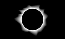Total Eclipse Of The Sun. Vector. Solar Corona During A Total Eclipse In Black White Color, Glow Around A Black Circle, Space For Text, Minimal Style