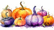 Watercolor painting of a pumpkins in vivid purple color tone.