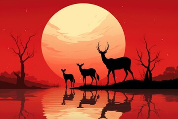 Wall Mural - A group of deer standing next to a body of water. AI.