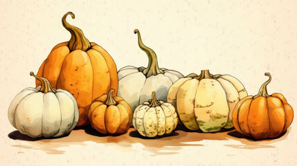 Illustration of a group of pumpkins in light orange tones