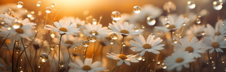 white daisies in bloom at sunset panorama closeup