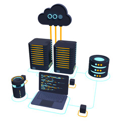 Poster - Cloud technology computing concept. Modern cloud technology. Data center isometric concept. 3D cloud technology with datacenter. Web hosting concept. 3D rendering