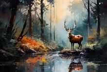 Oil Painting Abstract Bright Reflections A Stag