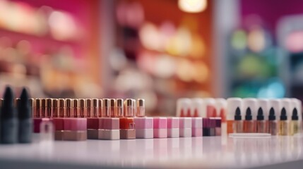 Poster - Makeup cosmetics on a table. Beauty industry background.