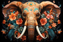 A Painting Of An Elephant Surrounded By Flowers. AI Image.