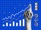 Fototapeta Młodzieżowe - Minimalist collage with hands. Finance-themed banner. Digital finance business data graph showing technology of investment strategy for perceptive financial business decision