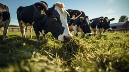 Healthy cows eating food at the farm