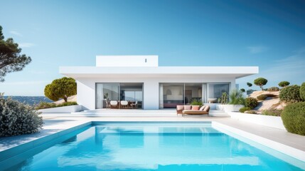 Wall Mural - Modern white house exterior with swimming pool  
