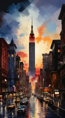 Wall Mural - A painting of a city street at sunset. AI image.