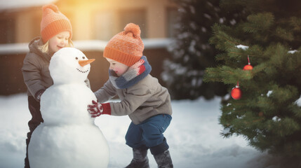 Two siblings work diligently to create a snowman in their grandparents' backyard during the Christmas winter holiday.copy space