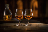 Fototapeta Lawenda - Glasses of cognac on the table in the cellar of traditional winery.