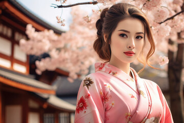 Wall Mural - Sakura season: Japanese woman in traditional kimono