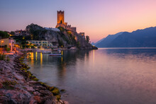 Malcesine Town On Lake Garda, Italy, On Dramatic Sunset