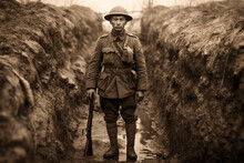 World War One British Soldier Standing In A Trench Looking Towards The Camera. 