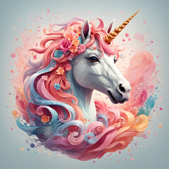  White unicorn surrounded by colorful flowers in a vibrant field