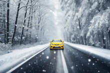 Highway In Winter In Deep Forest, Giant Trees, Twig Framing, Snow Falling, Red Car On The Road, Beautiful Dreamy Light, Hyper Realistic,