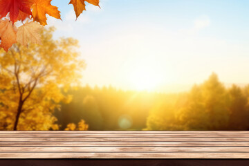 Poster - Empty wooden table over blurred autumn forest background. Ready for product display montage. High quality photo