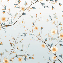 Elegant Tiny Yellow And Blue Autumn Flower Branches A Pastel Background. Classic Style For Background, Wallpaper, Banner, Poster, Cover, Fabric, Silk.