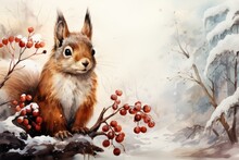 A Painting Of A Squirrel Sitting On A Tree Branch. WIntertime Card Design.