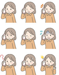 Sticker - スマホで話す若い女性の表情セット（私服）